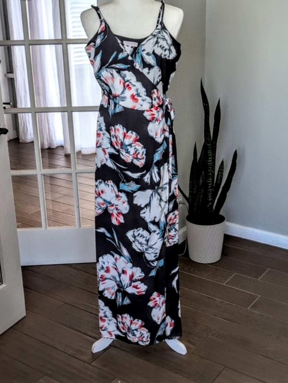1. State Tropical Floral Spaghetti Strap Maxi Wrap Dress XS